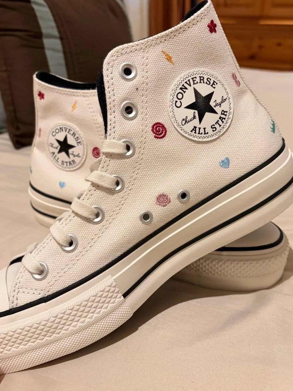 Converse High-Top Sneakers in Cream with Multicolor Embroidery